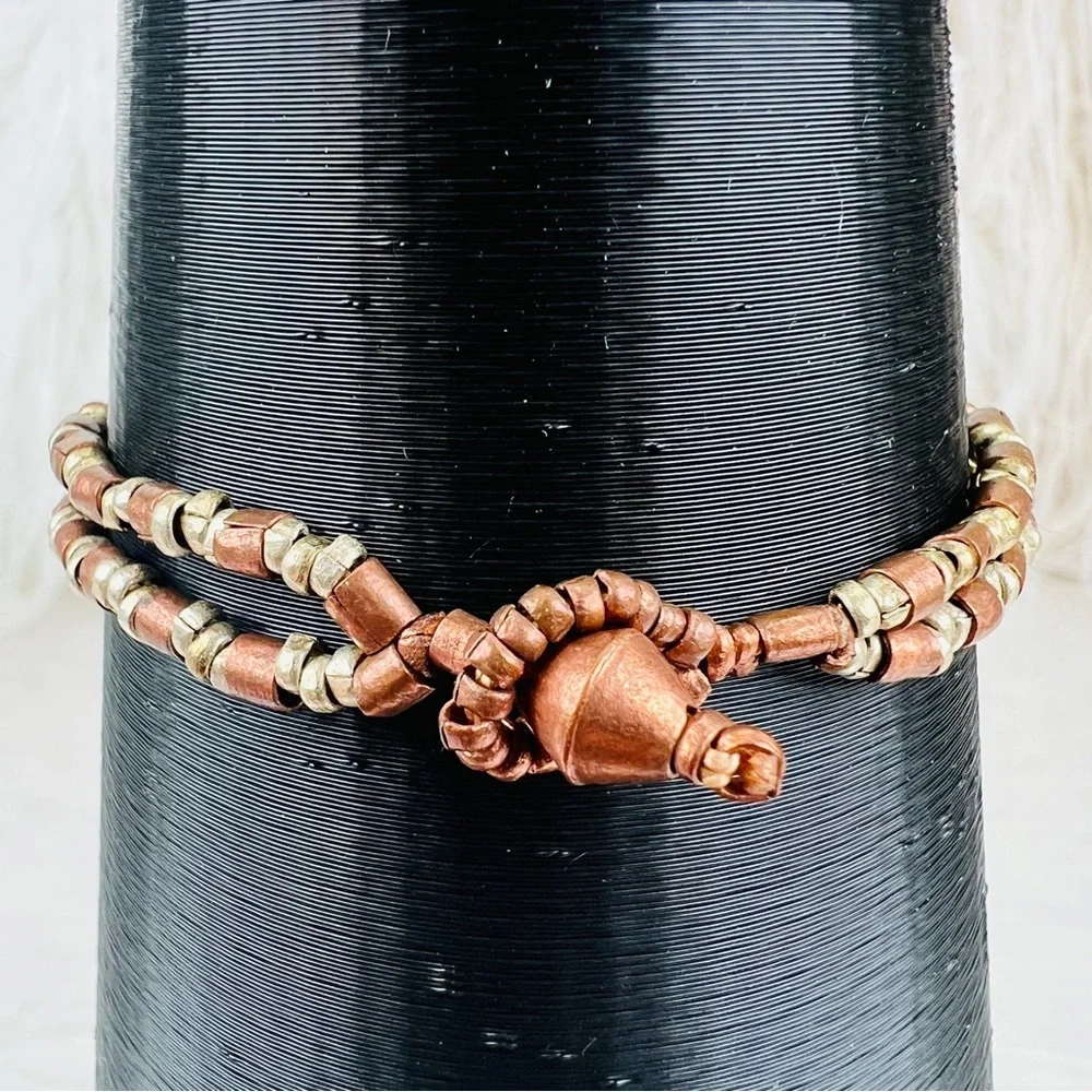 Vintage Double Strand Copper Silver Finish Beaded Necklace Mixed Metal Boho